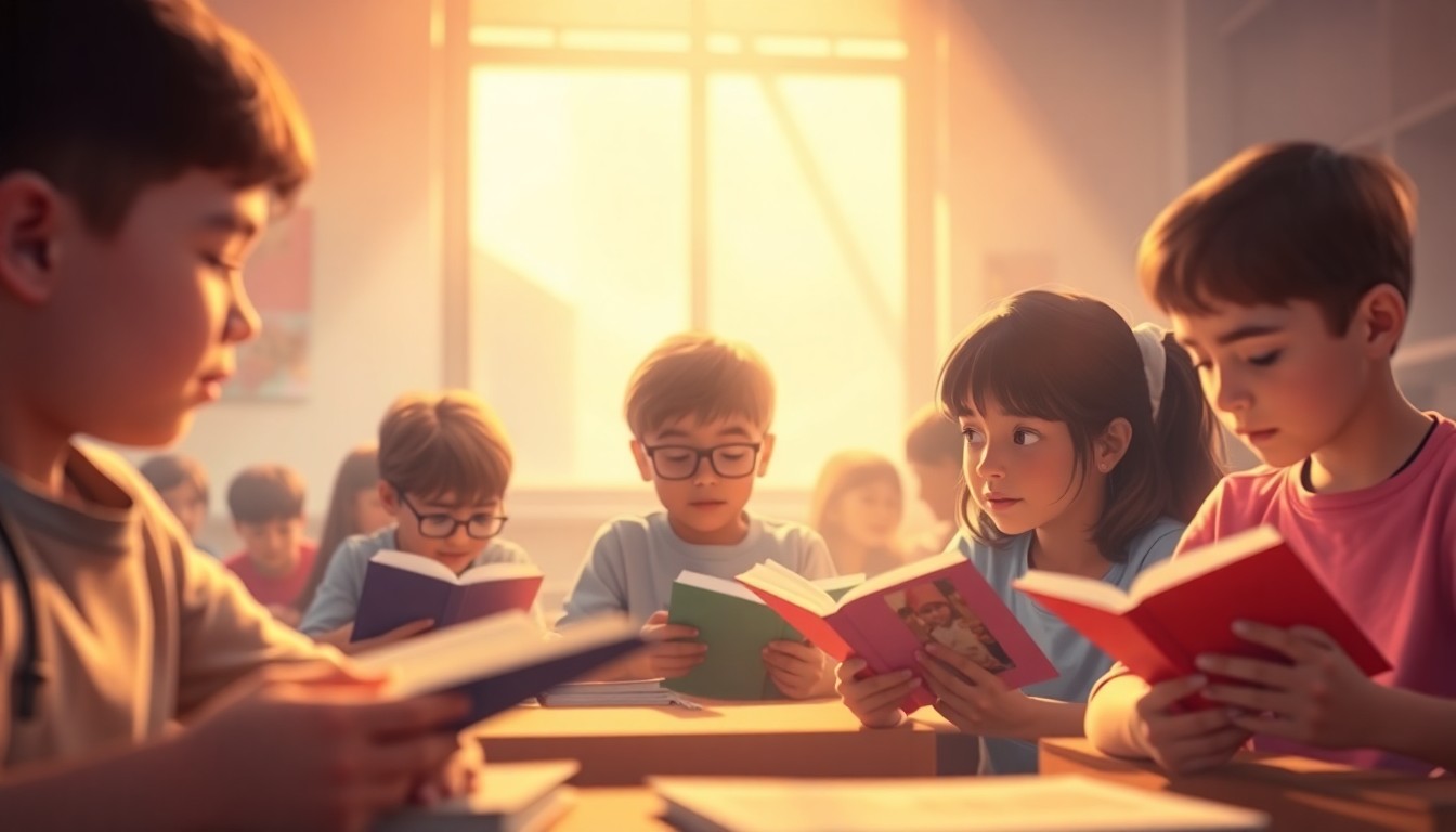 An abstract, impressionistic scene of blurred students reading books in a classroom, with soft, warm light and color creating a dreamlike, atmospheric quality.