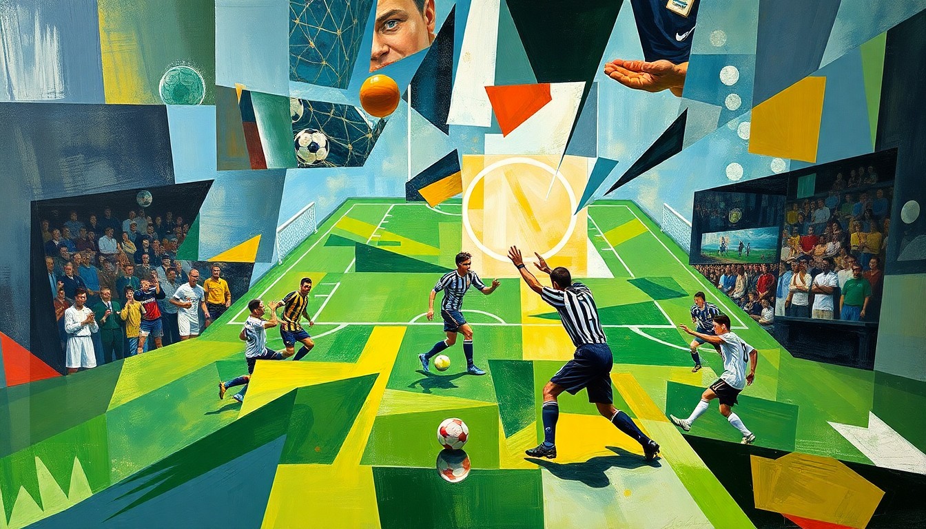 A cubist, geometric painting depicting a fractured, multi-angled view of a football referee in action, with sharp planes of color and form representing the complex decision-making and perspective of an official on the pitch.