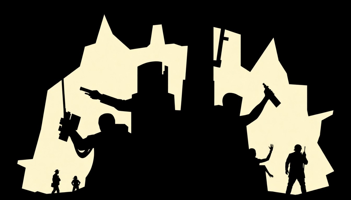 An abstract, minimalist illustration featuring sharp, angular black silhouettes against a stark white background, conceptually representing the themes of oppression and the fight for freedom at the heart of the Stephen King story.