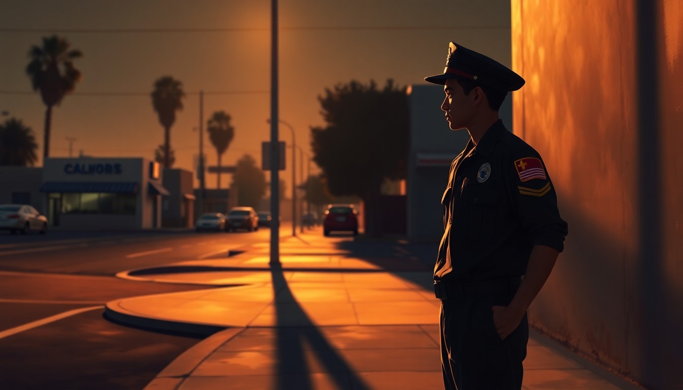 A cinematic painting of a lone young person in a California Service Corps uniform standing on a street corner in South Los Angeles, the scene bathed in warm, diagonal sunlight and deep shadows, conveying a sense of quiet contemplation and the challenges of community outreach.