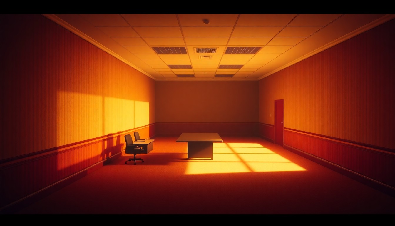 A dimly lit, cinematic government office space with an empty desk and chair, the room bathed in warm, diagonal sunlight and deep shadows, conveying a sense of political tension and unease.