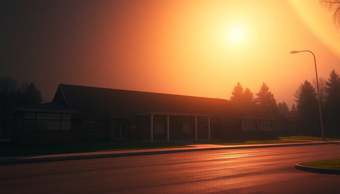 A serene, painterly depiction of a tribal college building in warm, golden light, conveying the somber mood of potential funding cuts to these important educational institutions.