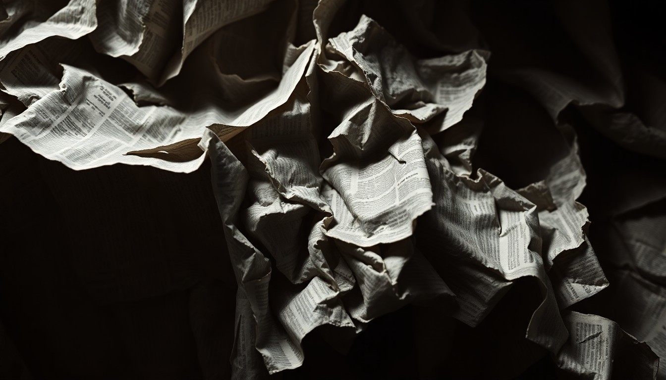 An extreme close-up of crumpled, high-contrast newsprint paper, capturing the gritty texture and dramatic lighting of the investigative journalism process.