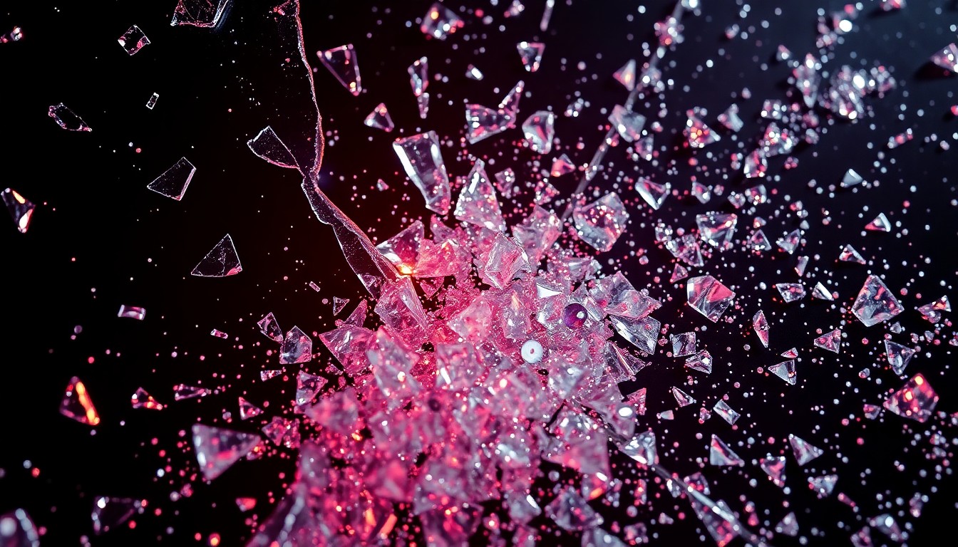 An abstract close-up photograph featuring shards of shattered glass and sparkling sequins, captured in high-contrast studio lighting to create a conceptual representation of the glamour and drama surrounding the 'Euphoria' cast.