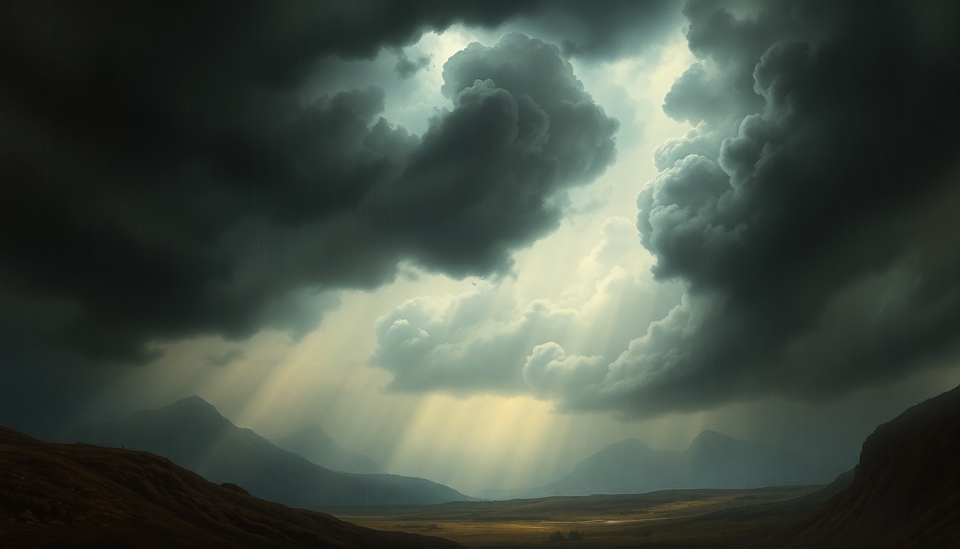 A dramatic, atmospheric landscape painting depicting an approaching storm system, with dark clouds and heavy rain dominating the frame and dwarfing any physical structures or objects in the scene, conveying the overwhelming scale and power of the natural world.