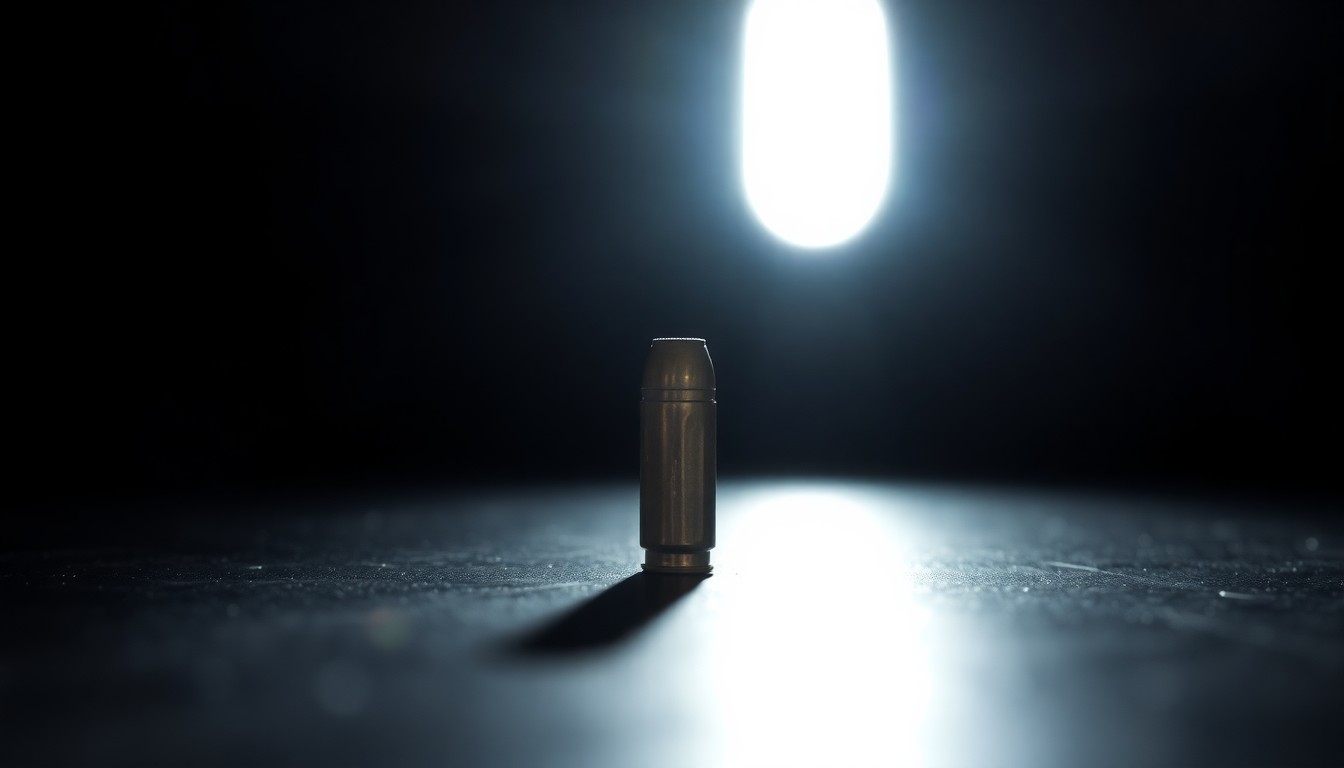 An extreme close-up photograph of a single spent bullet casing on a dark surface, lit by a harsh, direct camera flash, conceptually representing the aftermath of a tragic teen shooting.