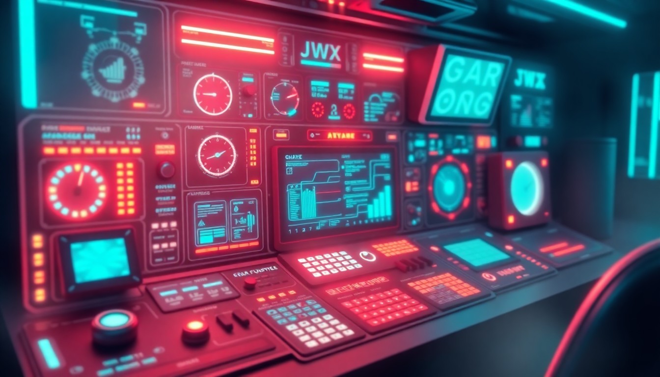 A highly detailed, 3D illustration of a glowing, futuristic control panel with various illuminated buttons, dials, and screens, representing the advanced agentic technology that powers the partnership between JWX and QuantumPath. The panel is surrounded by a hazy, neon-lit background, evoking a sense of high-tech innovation.
