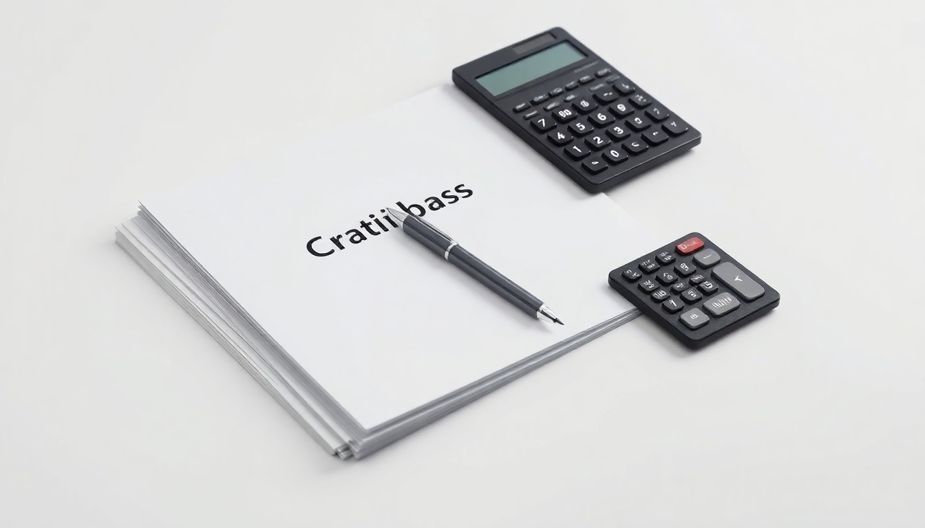 A minimalist, photorealistic studio still life featuring a stack of insurance documents, a pen, and a calculator arranged on a clean, white background, symbolizing the precision and professionalism of Chubb's global claims management.