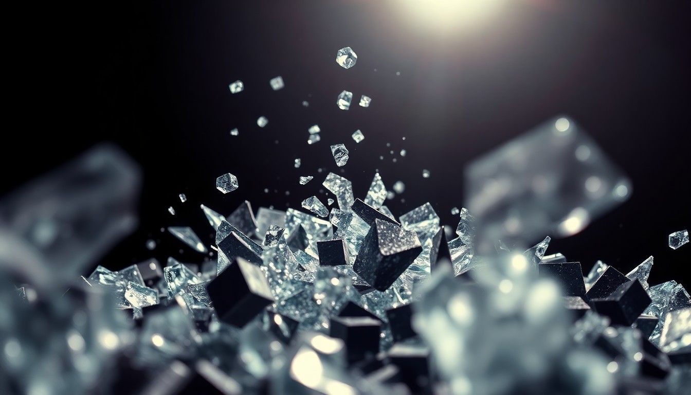 An abstract close-up image featuring shattered glass and metal fragments in a dramatic, high-contrast studio lighting setup, conveying the raw, aggressive energy of Marc Lopes' metal music.
