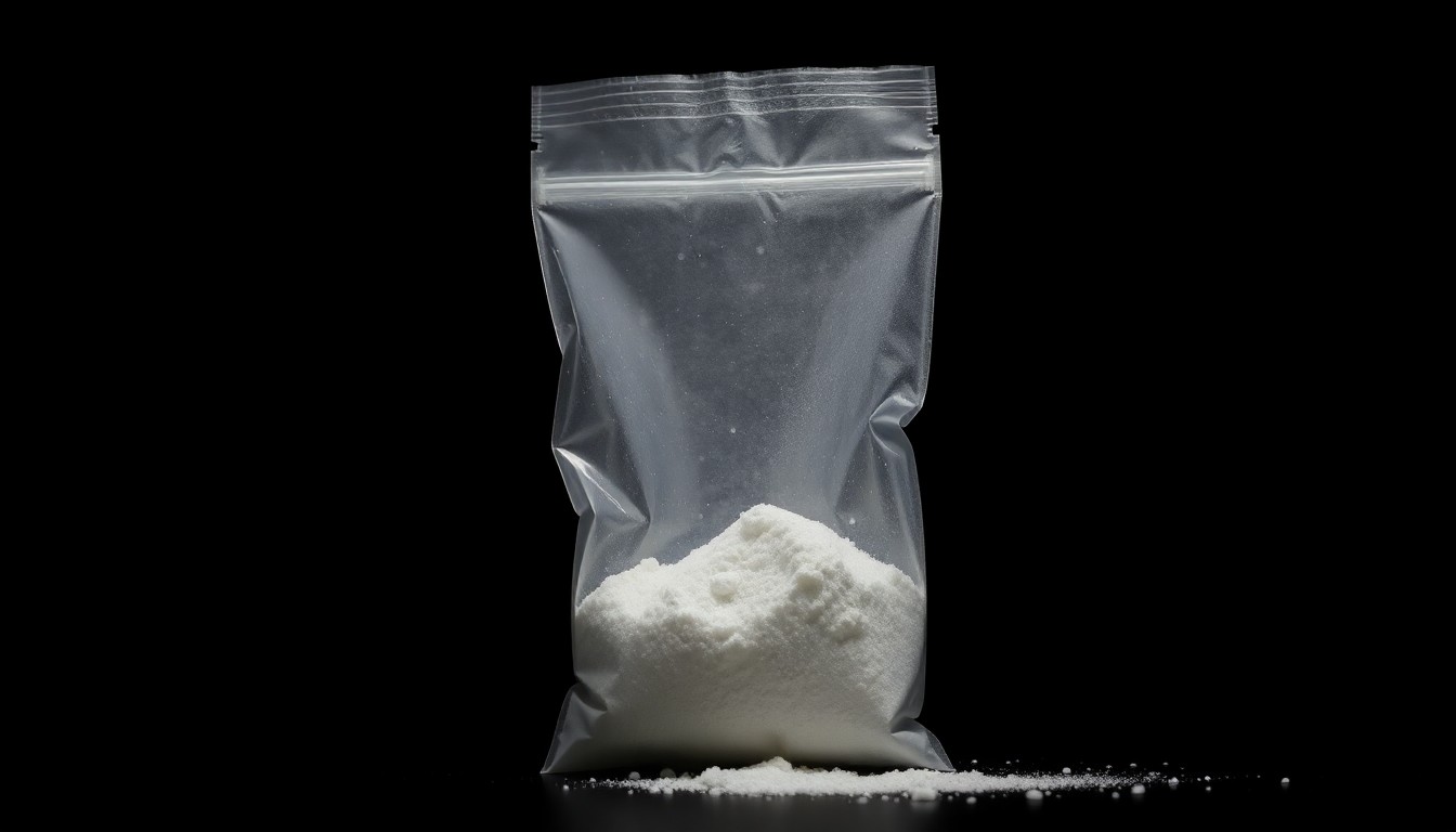 An extreme close-up of a small bag of white crystalline powder, the contents obscured by the harsh lighting and shallow depth of field, conceptually representing the severity of a federal drug case.