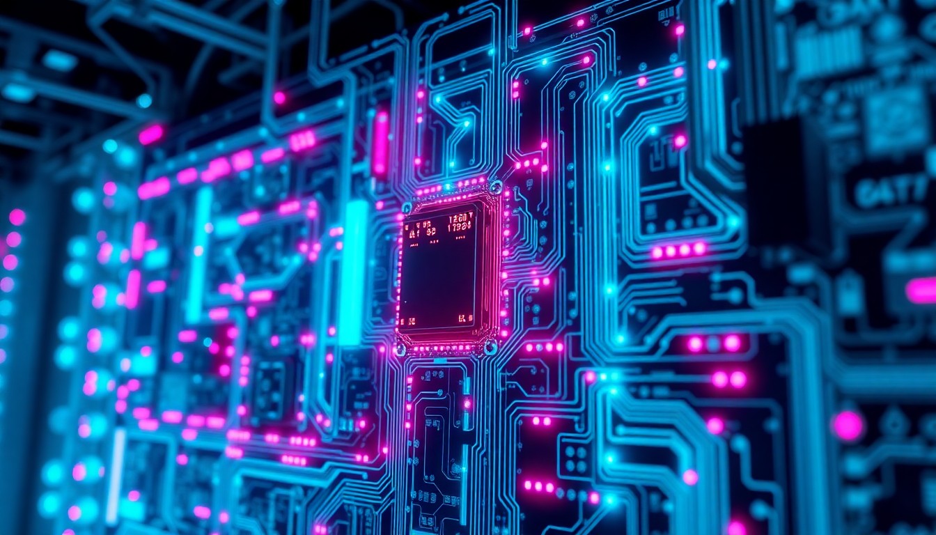A highly detailed, glowing 3D illustration of a complex circuit board or server infrastructure, with neon cyan and magenta lights illuminating the various components, conceptually representing the intricate nature of modern AI systems and data centers.