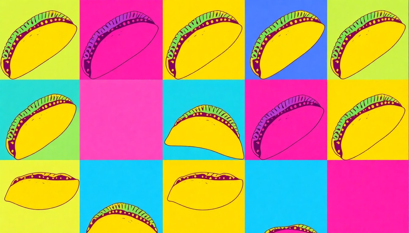 A vibrant, high-contrast silkscreen print featuring a repeated pattern of an iconic Indian taco ingredient, such as a fry bread shell or taco filling, in a grid of bold, neon colors and heavy black outlines, conceptually representing the cultural significance and community spirit of the fundraiser event.