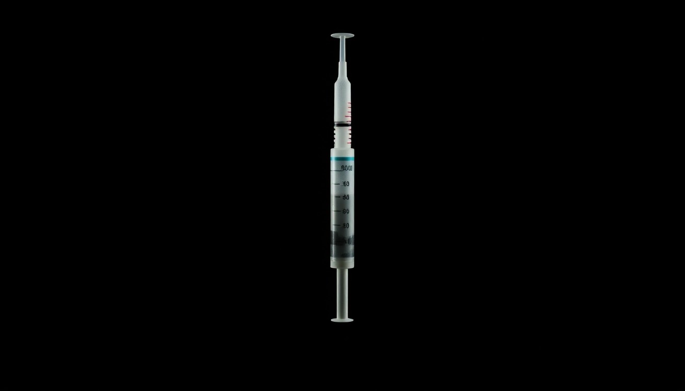 An extreme close-up of a used syringe, the harsh lighting and black background creating a stark, gritty, investigative aesthetic that conceptually represents the tragic consequences of illicit drug distribution.