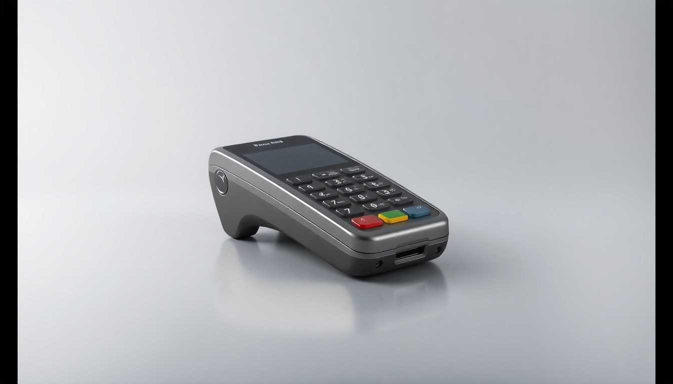 A high-end, photorealistic studio still-life photograph of a sleek, modern payment terminal device made of polished metal and glass, resting on a clean, monochromatic background and illuminated by dramatic studio lighting, conceptually representing the integration of advanced payment technology in the hospitality industry.
