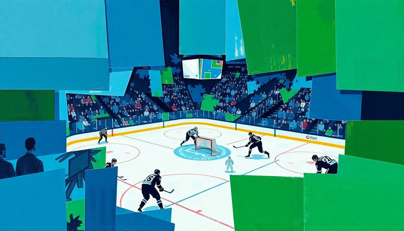 A fractured, geometric painting depicting the dynamic movement and competing forces of a hockey game between the Vancouver Canucks and Los Angeles Kings, using sharp, overlapping planes of blue, green, black, and white.
