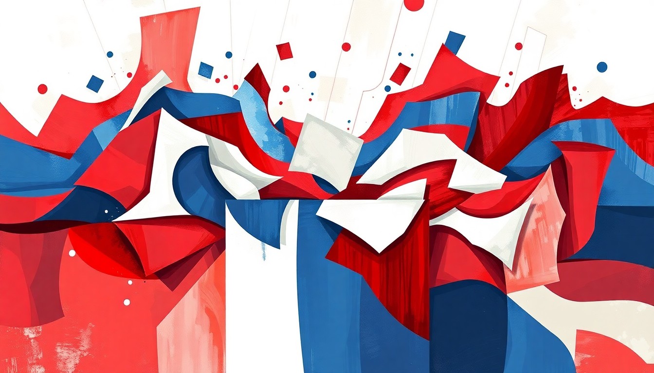 A dynamic, abstract painting featuring a fractured, overlapping image of a ballot box or voting booth in a patriotic color palette, conveying the turbulent and contested nature of the redistricting referendum.