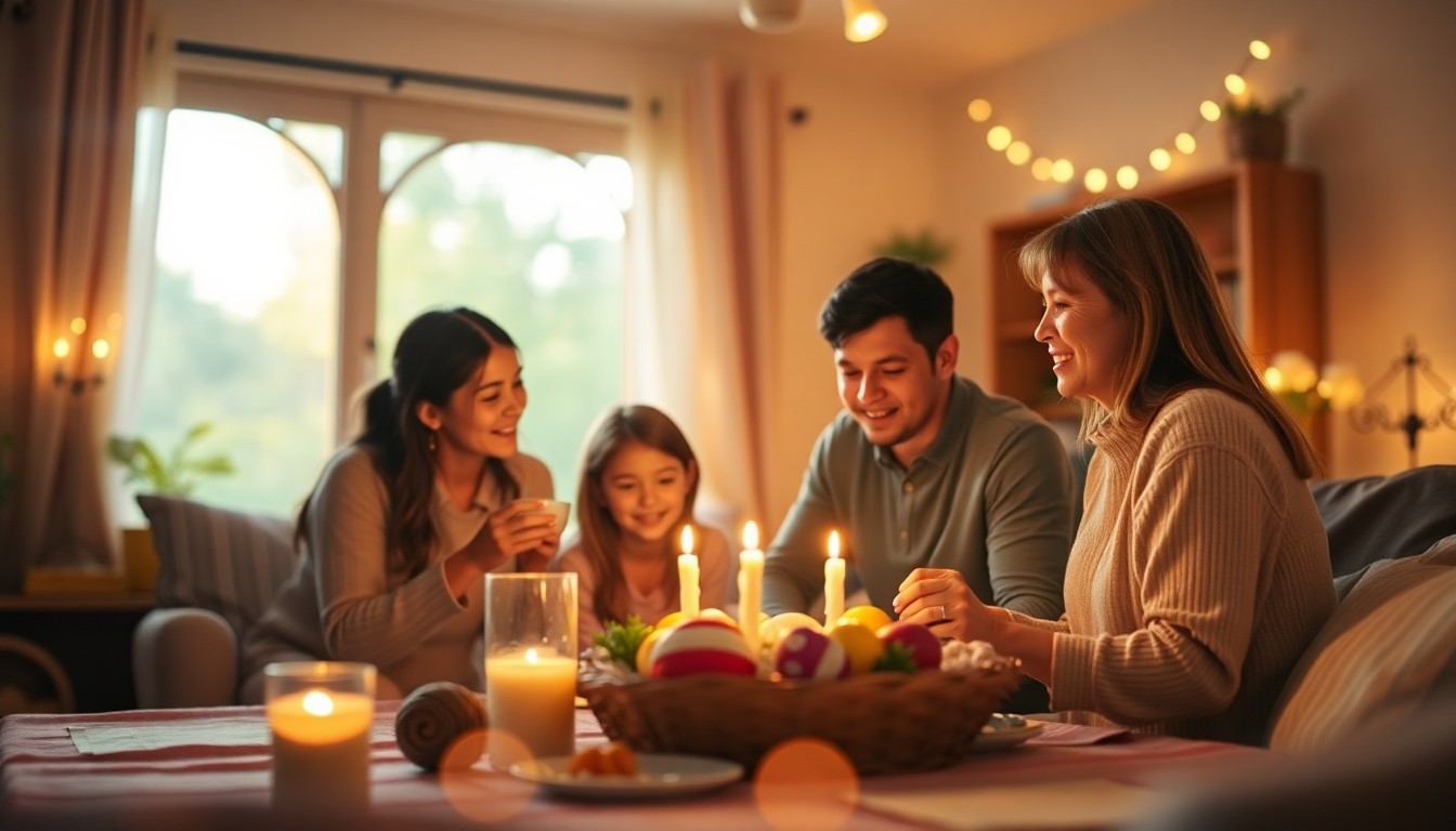 An abstract, impressionistic photograph showing a family gathered together in a warm, softly lit living room, celebrating Easter with joy and togetherness.