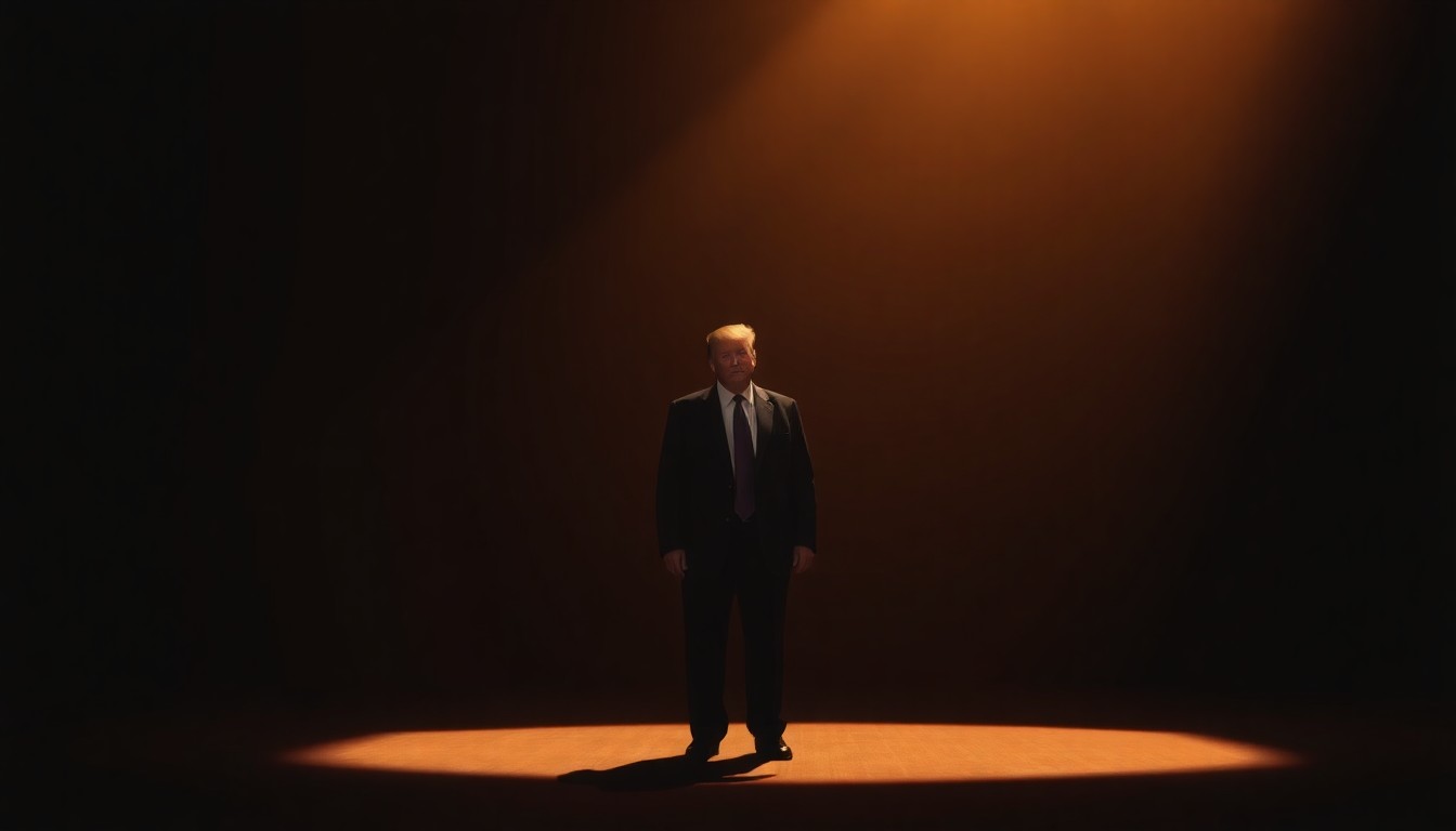 A cinematic, oil painting-style illustration of a solitary, brooding figure representing the former US president Donald Trump, standing alone in a dimly lit, shadowy political setting, bathed in warm, diagonal sunlight, conceptually illustrating the unpredictability and risks of his foreign policy approach.