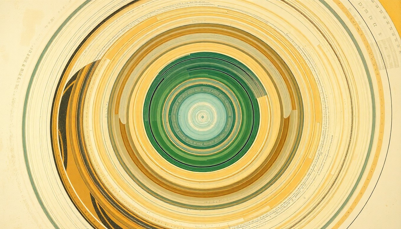 A highly structured abstract painting in soft, earthy tones of green, brown, and blue, featuring sweeping geometric arcs, concentric circles, and precise botanical spirals, conceptually representing the interconnected fields of agricultural science, environmental science, and food production.