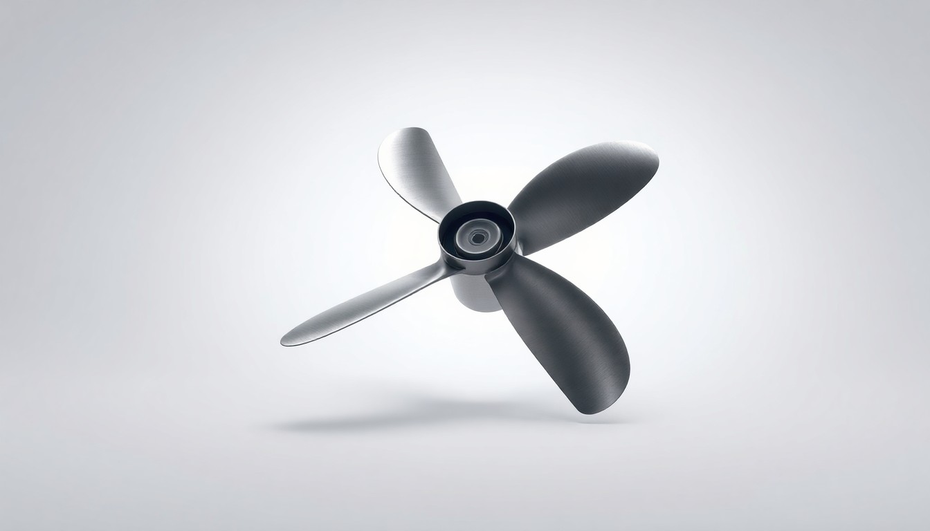 A photorealistic studio still-life photograph featuring a sleek, polished Sharrow Propeller made from brushed aluminum, floating on a clean white background with dramatic studio lighting and deep shadows, conceptually representing Ford's focus on innovation and manufacturing expertise.