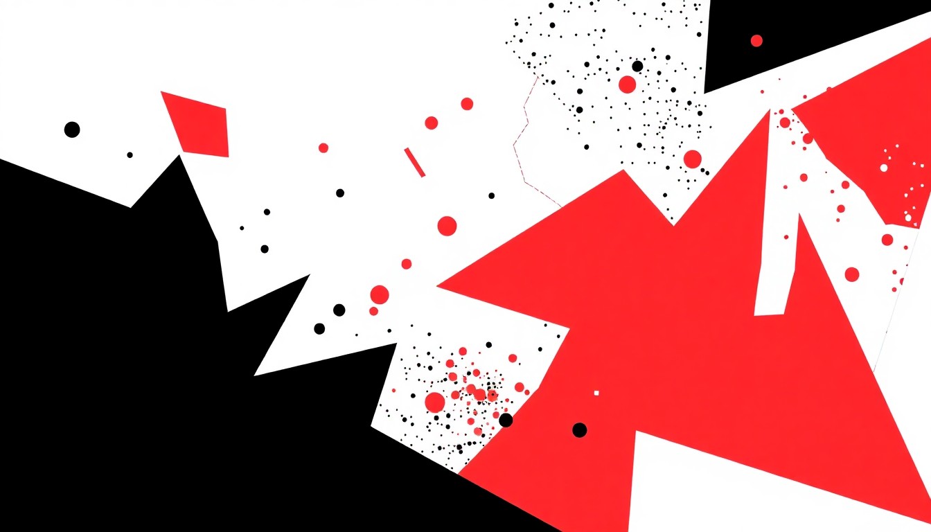 An abstract, minimalist illustration featuring sharp, overlapping shapes in black, white, and red, conveying the lively, collaborative energy of a community music jam session.