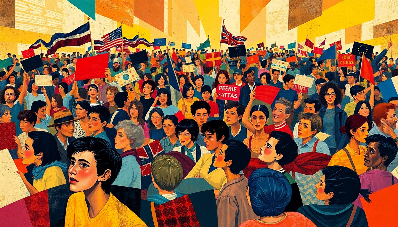 A dynamic, abstract painting of a crowd of people at a political rally, with overlapping geometric shapes and waves of bright colors, conceptually representing the energy and frustration of young voters.