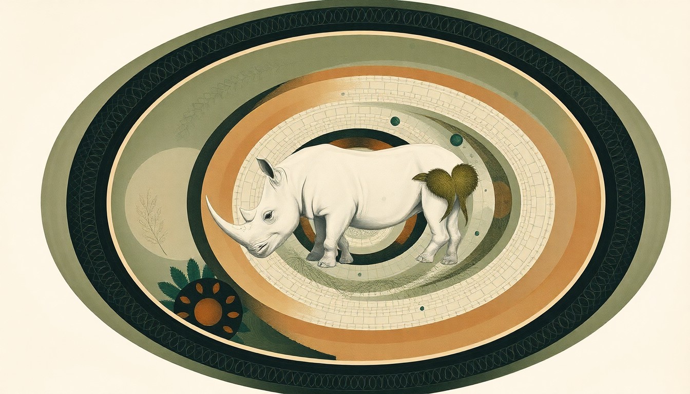 An abstract, highly structured painting in muted greens, browns, and grays, featuring sweeping geometric shapes, concentric circles, and precise botanical spirals, conceptually representing the complex natural ecosystem surrounding the endangered southern white rhino.
