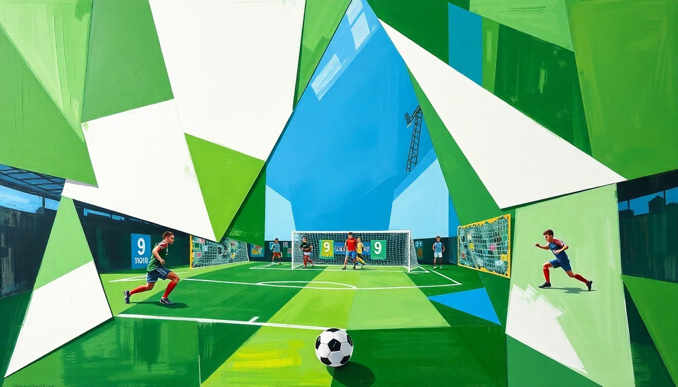 A fragmented, geometric painting depicting the dynamic movements and competing perspectives of a high school soccer match, rendered in shades of green, white, and blue.