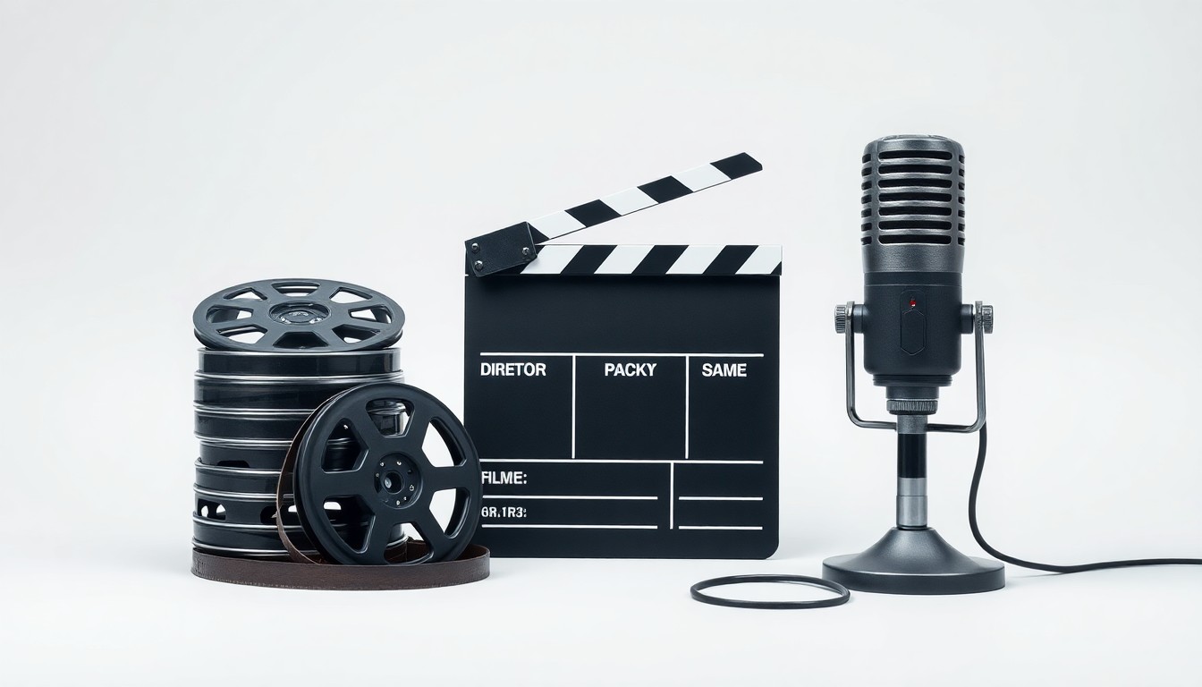A minimalist studio still life photograph featuring a stack of film reels, a director's clapperboard, and a vintage microphone arranged on a clean, monochromatic background, conceptually representing the complex economic realities of the film industry's reliance on state subsidies.