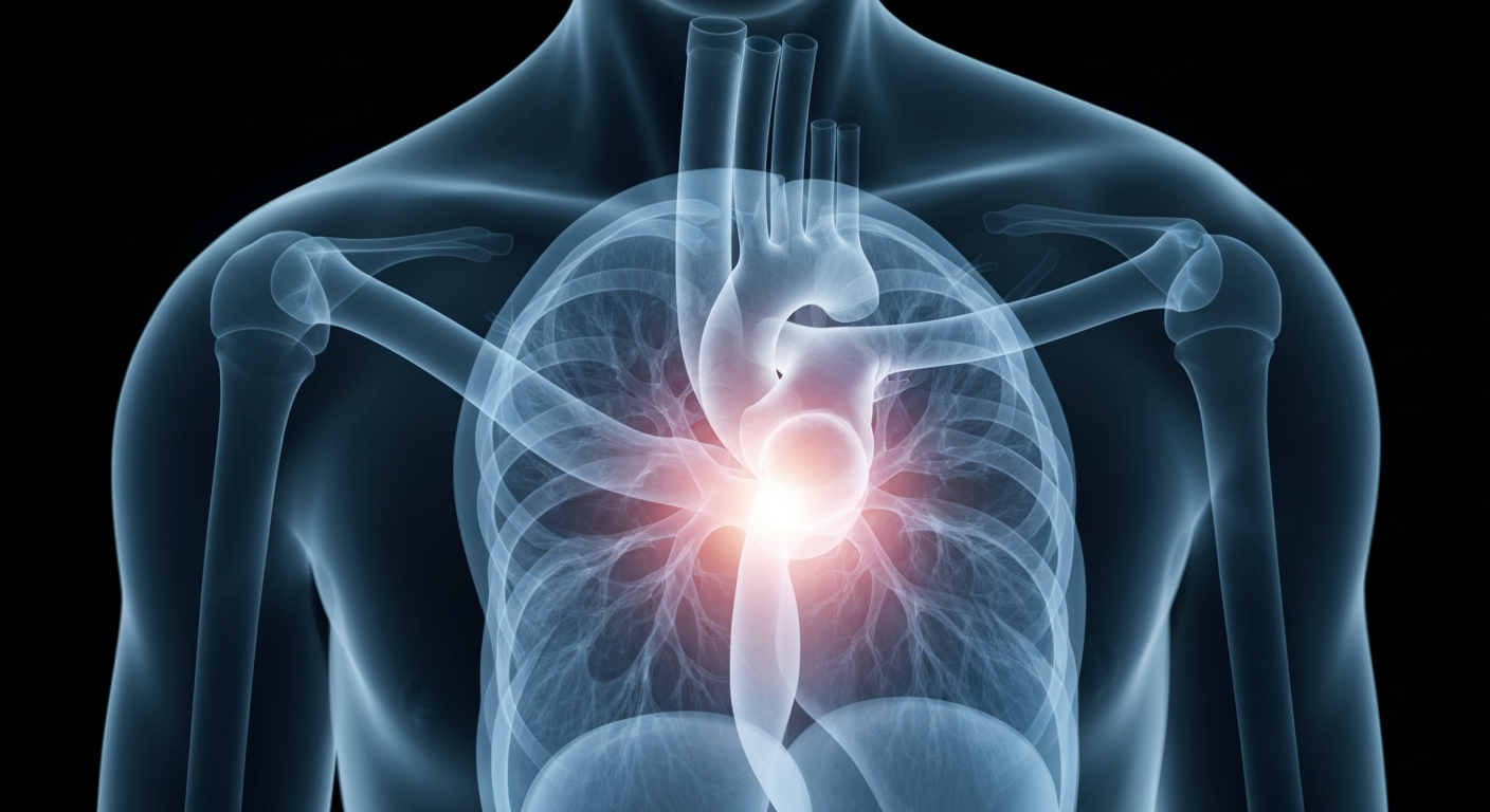 A ghostly, translucent X-ray image revealing the intricate internal structures of a human heart and lungs, conceptually illustrating the hidden physical impacts of substance abuse.