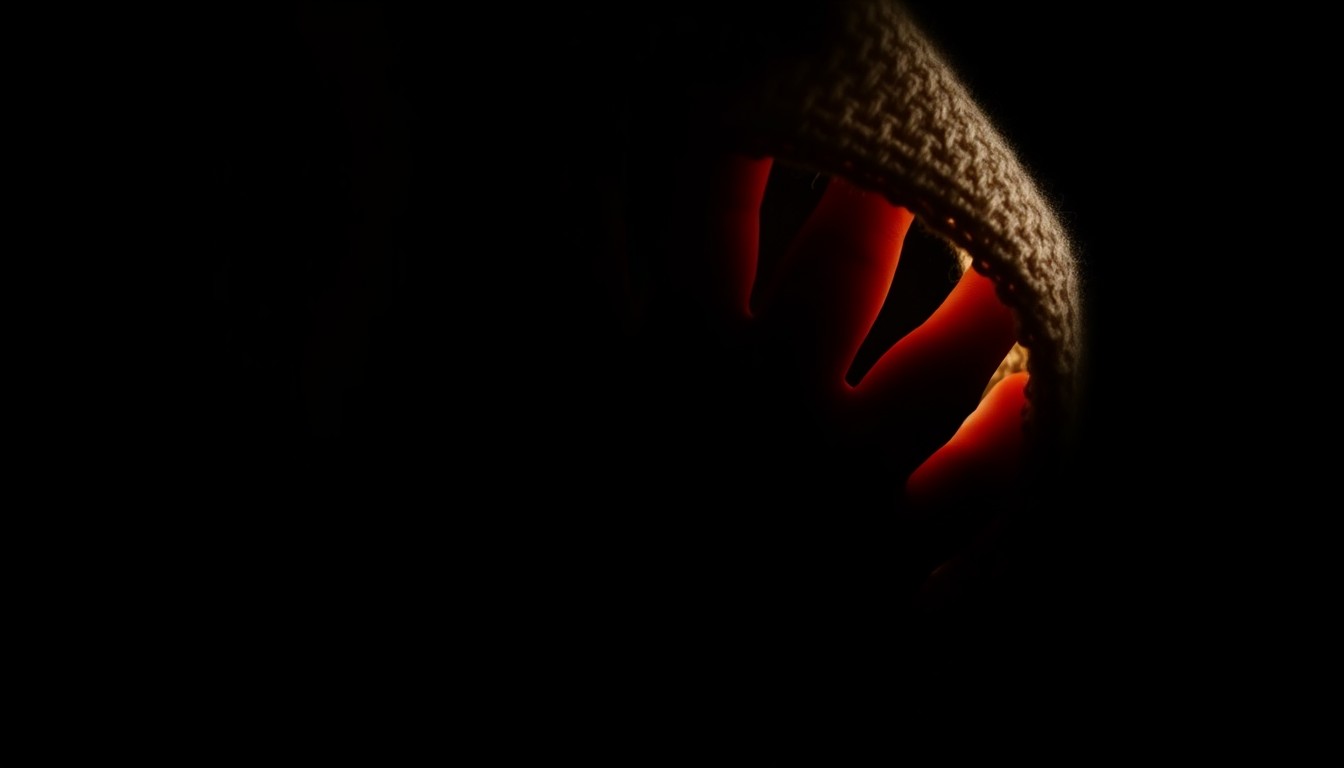 An extreme close-up photograph of a baby's tiny hand, partially obscured by a heavy, textured fabric, lit by a harsh, direct camera flash against a pitch-black background, conveying a sense of the tragedy and urgency surrounding this infant's death.