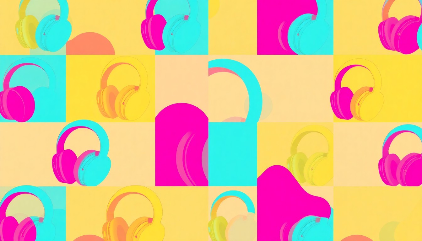 A brightly colored, high-contrast silkscreen print of a pair of noise-canceling headphones repeated in a tight grid pattern, conceptually representing the accessibility tools available at sensory-friendly experiences in Philadelphia.