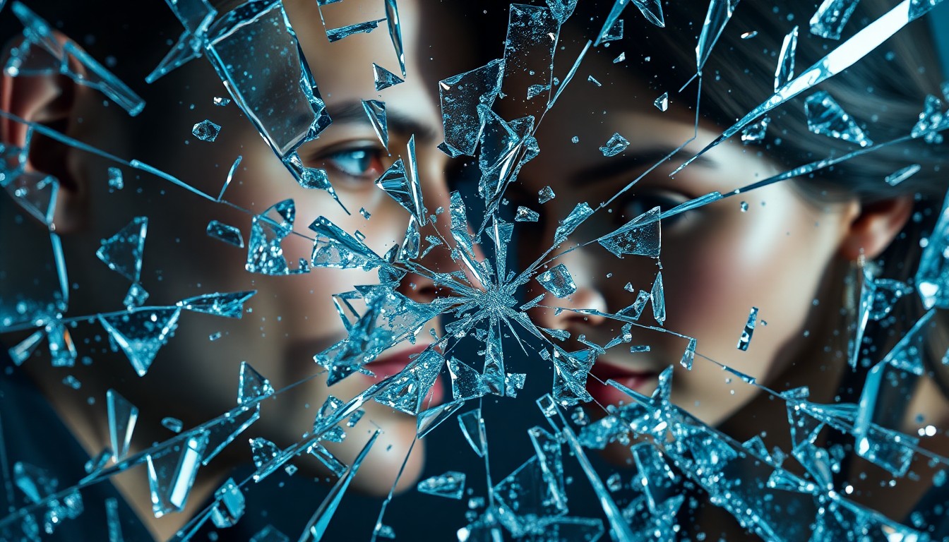 An abstract close-up image of shattered glass and glittering shards, capturing the tense and icy relationship between the two lead actresses of the hit HBO series 'Euphoria'.