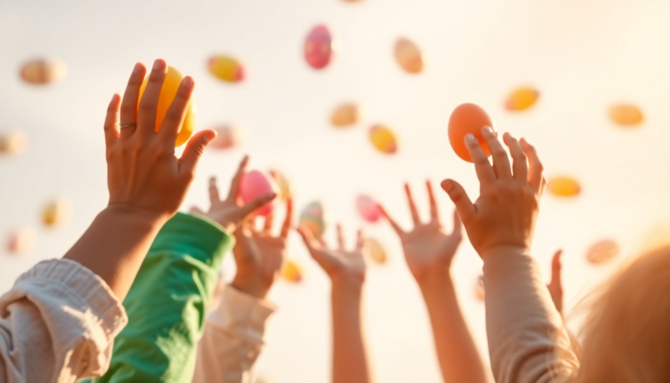 An abstract, impressionistic photograph of children's hands reaching up to catch falling Easter eggs, with the scene blurred and softened in a warm, dreamlike haze of color and light.