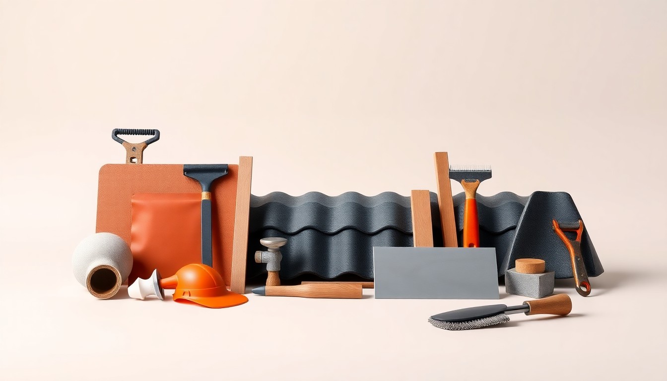A high-end, photorealistic studio still-life photograph featuring a selection of premium roofing materials and tools arranged elegantly on a clean, monochromatic seamless background, conceptually representing the quality and craftsmanship of Roofing419's roofing services.