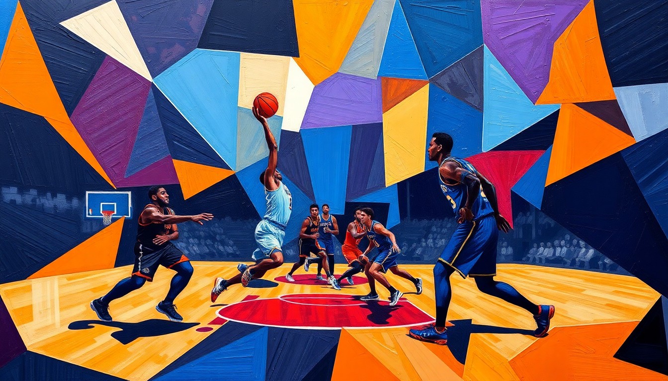 A fragmented, cubist-style painting depicting the chaotic action of a basketball game, with players' forms abstracted into sharp, overlapping geometric shapes in a vibrant color palette.