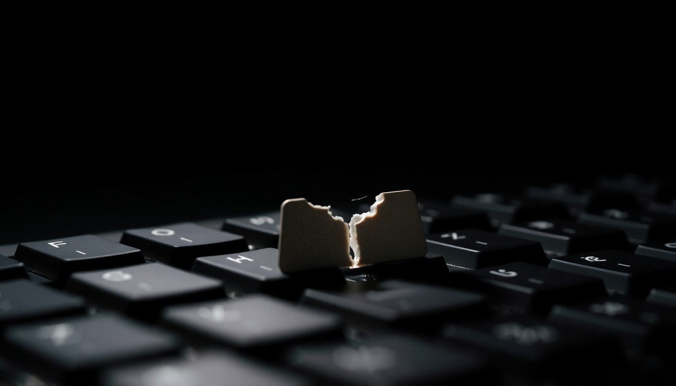 An extreme close-up photograph of a single cracked and damaged computer keyboard key, lit by a harsh, direct camera flash against a pitch-black background, conceptually representing the impact of cybercrime.