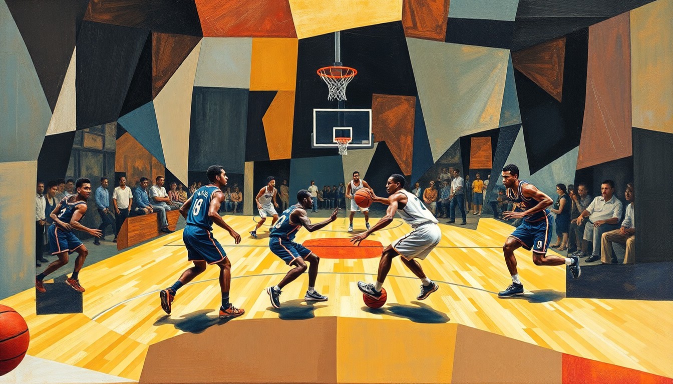 A cubist, geometric illustration depicting a fragmented basketball game, with the players' forms broken down into sharp, overlapping planes of color and shape.