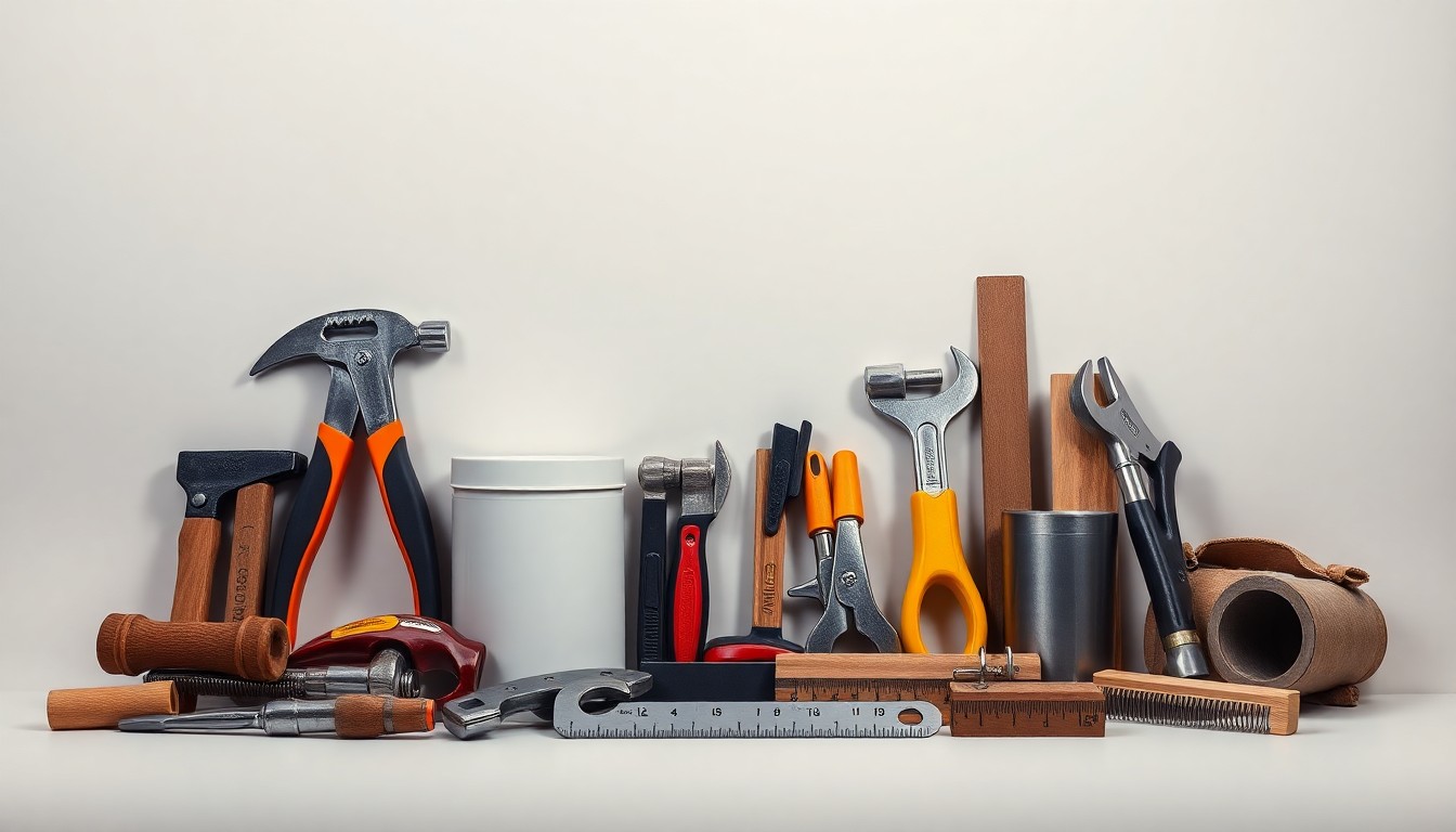 A high-end, photorealistic studio still-life photograph featuring a collection of premium, polished hardware tools and building materials arranged elegantly on a clean, monochromatic seamless background. The objects symbolize the core products and services of the home improvement industry, using sharp, dramatic studio lighting and deep shadows to represent the abstract challenges of the current housing and consumer confidence environment.