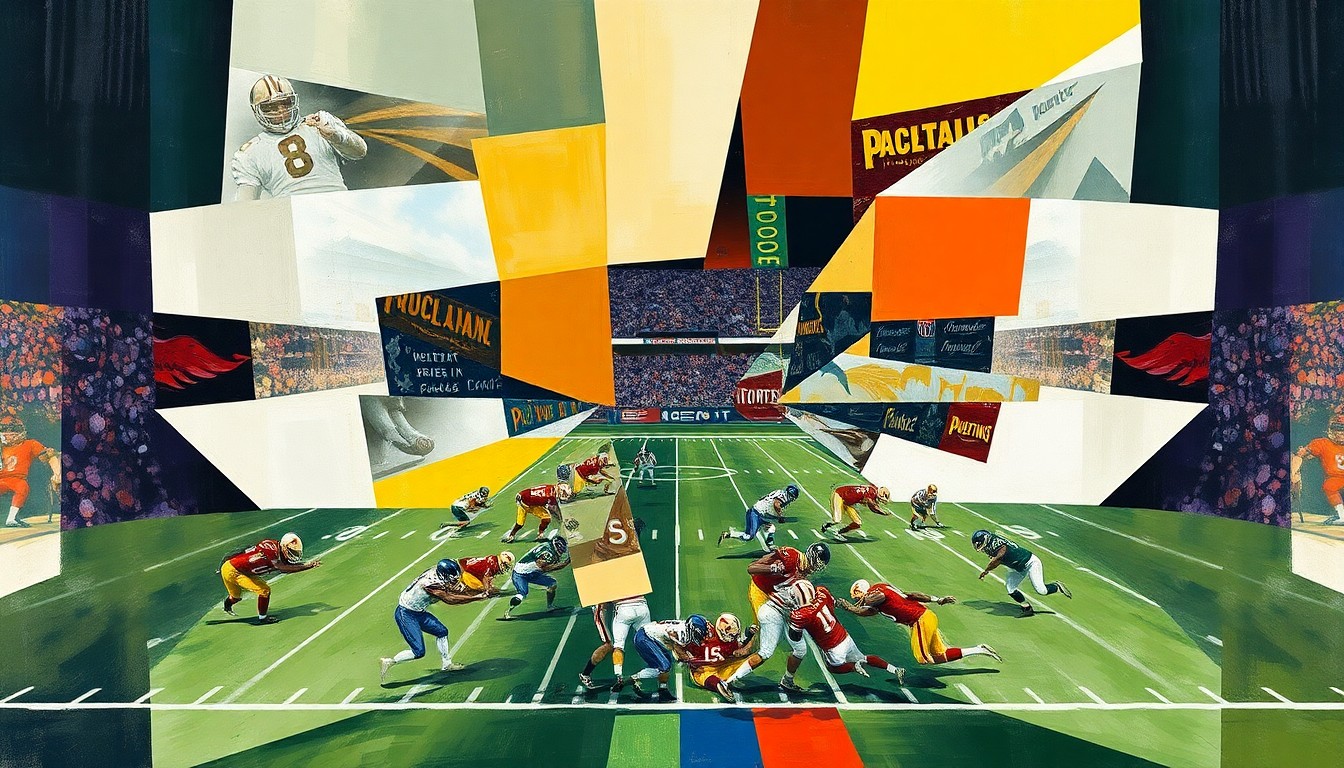 A fragmented, geometric painting depicting an abstract football play, with players and the field broken down into sharp, overlapping shapes and planes of color.