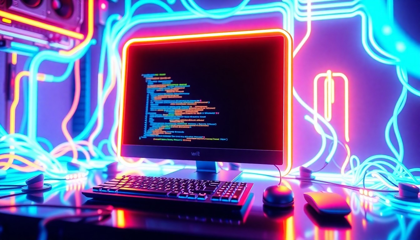 A highly detailed, glowing 3D illustration of a futuristic web development workstation, with a sleek computer monitor, keyboard, and mouse surrounded by pulsing, neon-lit cables and circuitry, conveying the advanced, AI-powered technology powering the web design and development process.