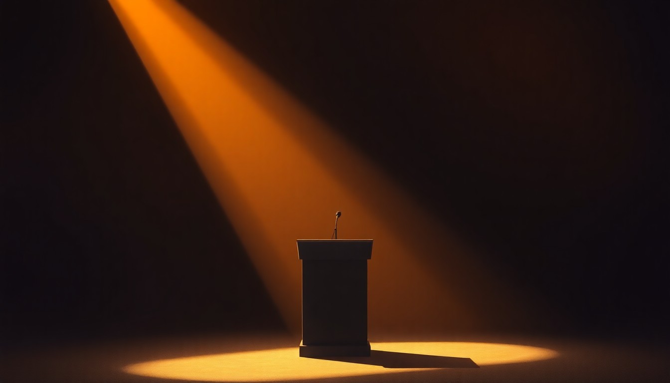 A serene, cinematic painting depicting a solitary political podium or lectern set against a dimly lit, urban backdrop, with warm sunlight casting dramatic shadows across the scene, conveying a sense of contemplation and the weight of political discourse.