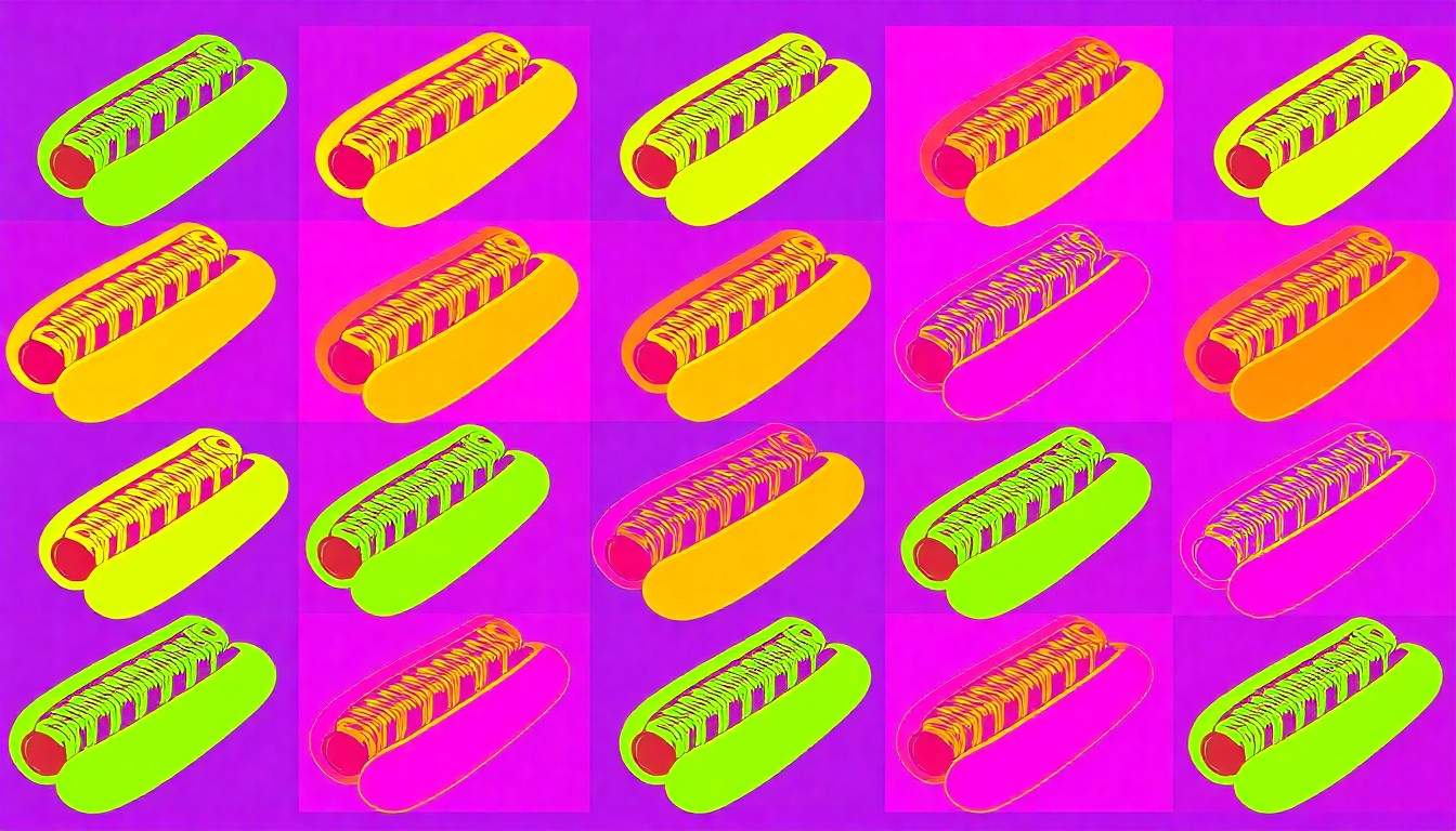 A brightly colored, high-contrast silkscreen print of a single, iconic Coors Field food item such as a 'Glizzilla' hot dog or 'Pizza Donuts' repeated in a tight grid pattern, capturing the pop art spirit of the new stadium concessions.