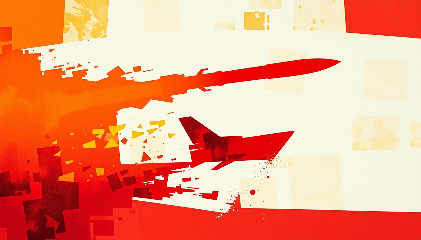 A dynamic, abstract painting in warm colors depicting the silhouette of a missile or warplane in fractured, overlapping geometric shapes, conveying a sense of motion and escalating tensions in the US-Iran conflict.