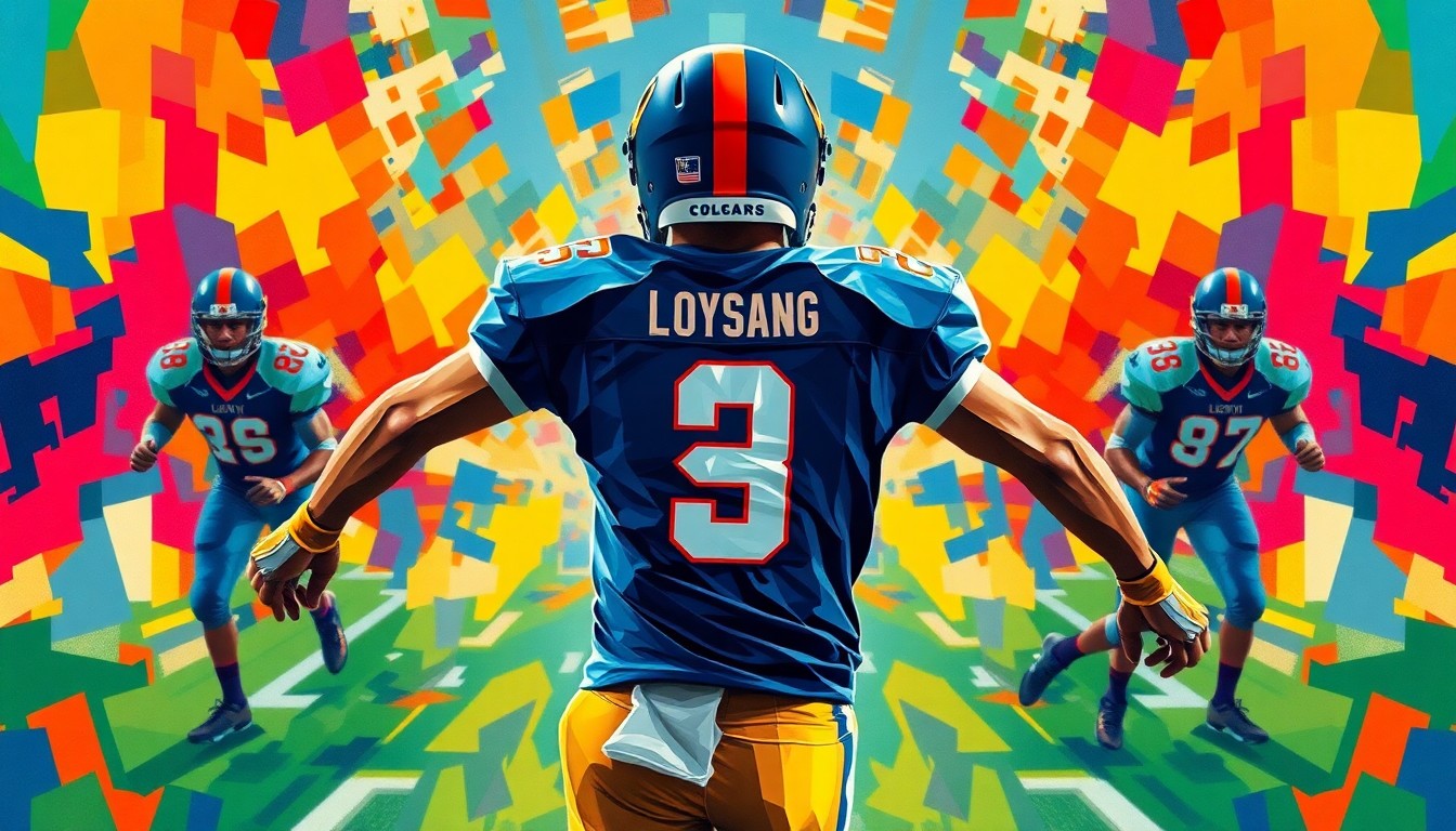 A fractured, cubist-style painting depicting a high school football player in action, with their jersey number obscured and the background a kaleidoscope of team colors, conceptually representing the unpredictable nature of college football recruiting.