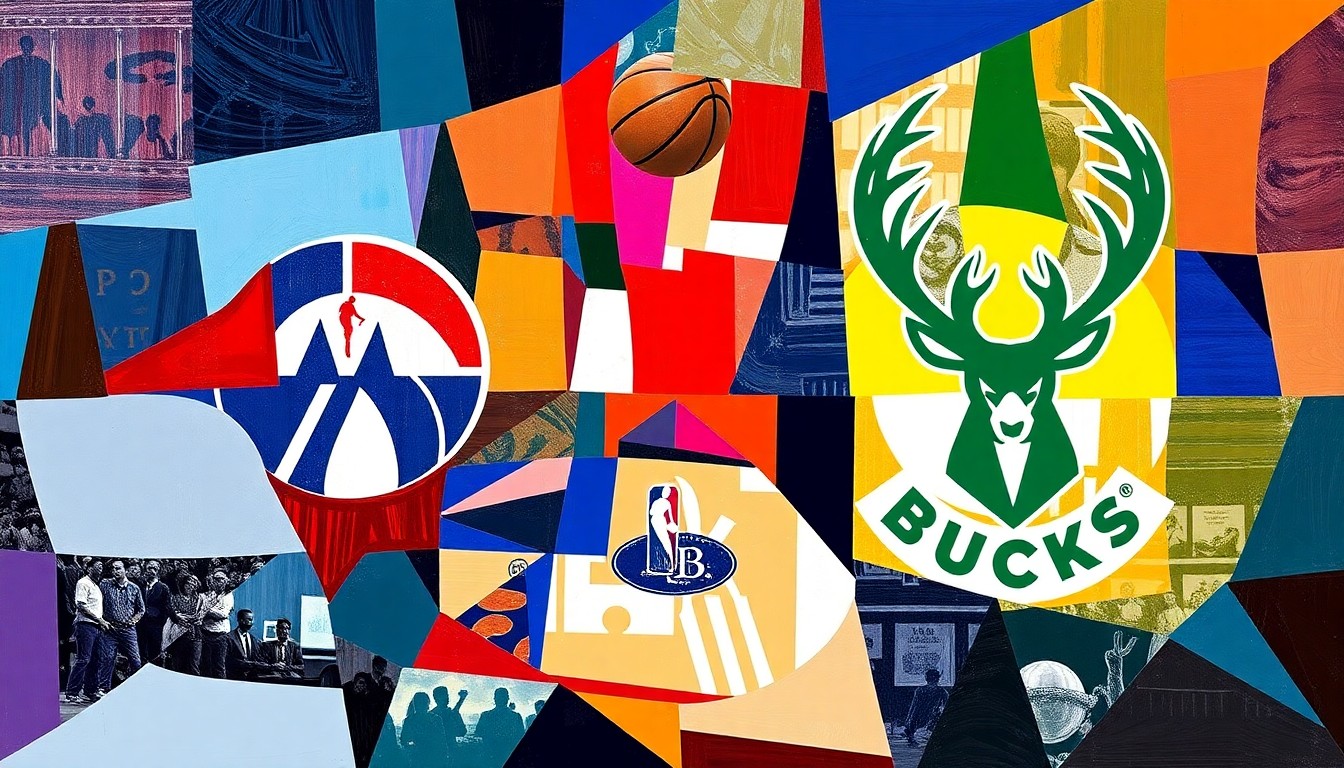 A cubist, geometric painting depicting a fragmented basketball game or match, with sharp, overlapping planes of color representing the Washington Wizards and Milwaukee Bucks teams and players.