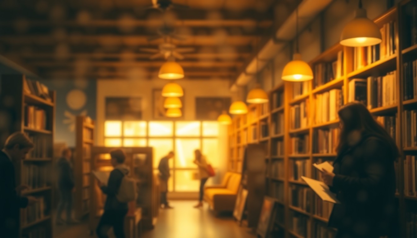An abstract, impressionistic scene of blurred library shelves and reading nooks, conveying the warm, inviting atmosphere of a local community library.