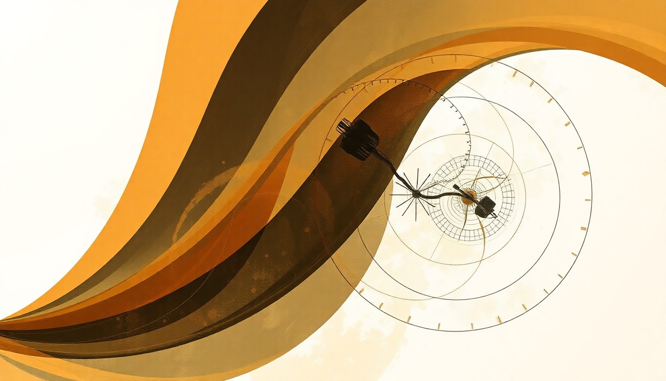 A highly structured abstract painting in soft earth tones, featuring sweeping geometric arcs, concentric circles, and precise botanical spirals, conceptually representing the complex systems and forces involved in sustainable battery energy storage technology.