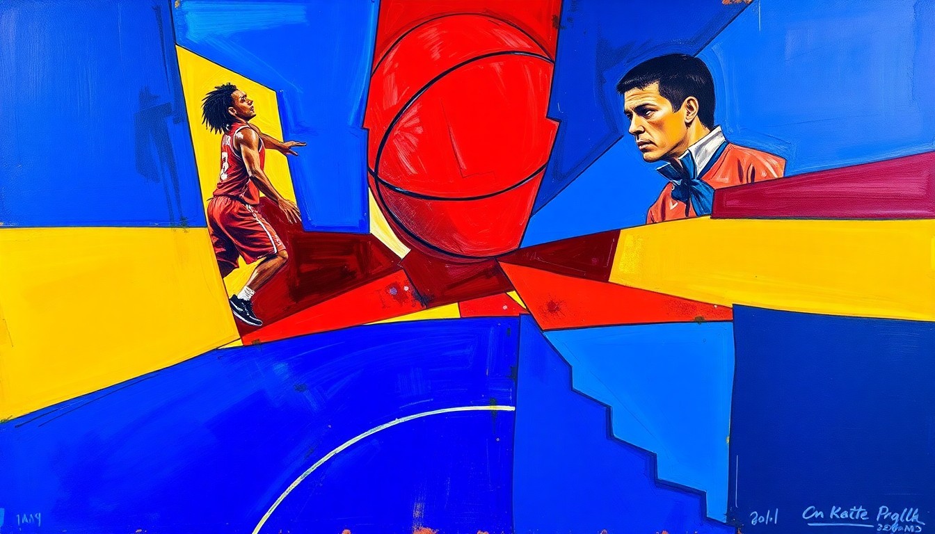 A fragmented, geometric painting in bold, vibrant colors depicting basketball players and draft prospects in an abstract, cubist style.