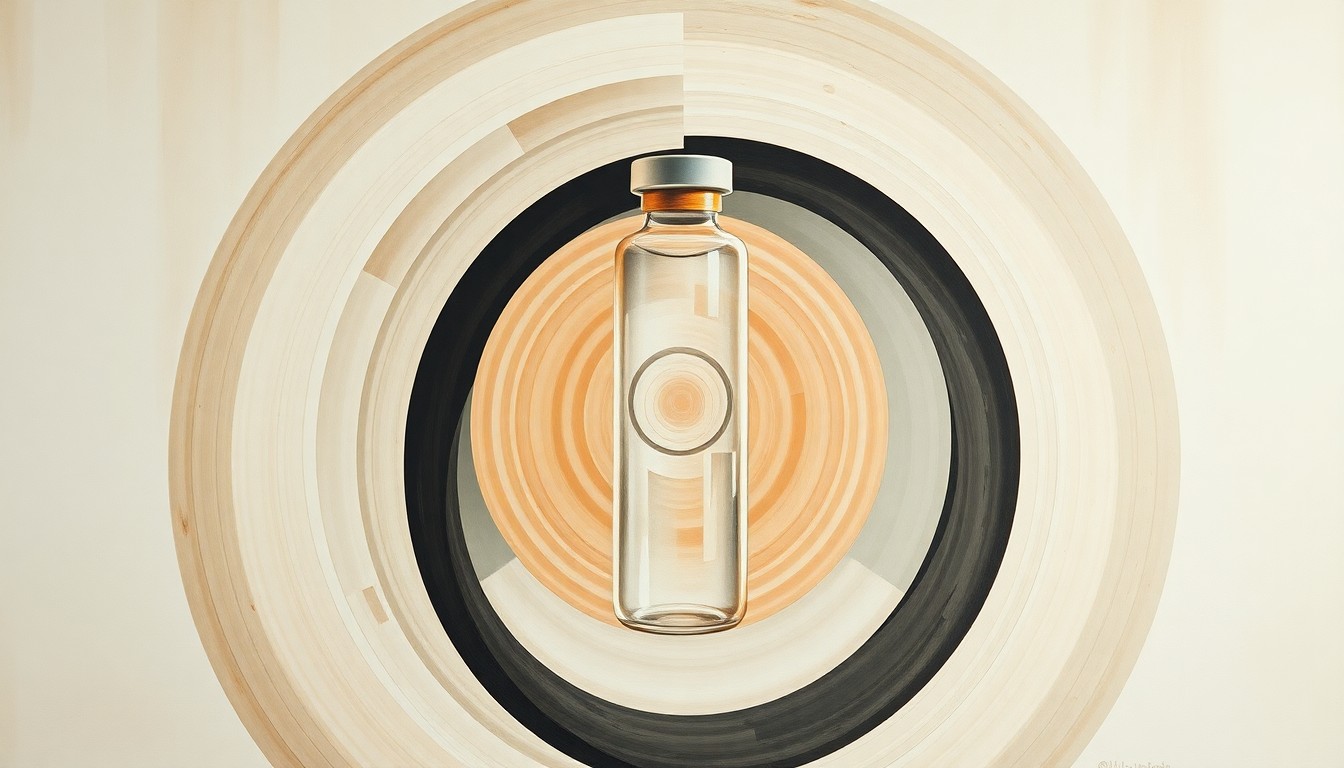 A highly textured, abstract painting in soft greens, browns, and blues, featuring sweeping geometric shapes and precise botanical spirals that conceptually represent the structure and mechanisms of a specialized vaccine bottle lid designed to improve livestock health and safety.